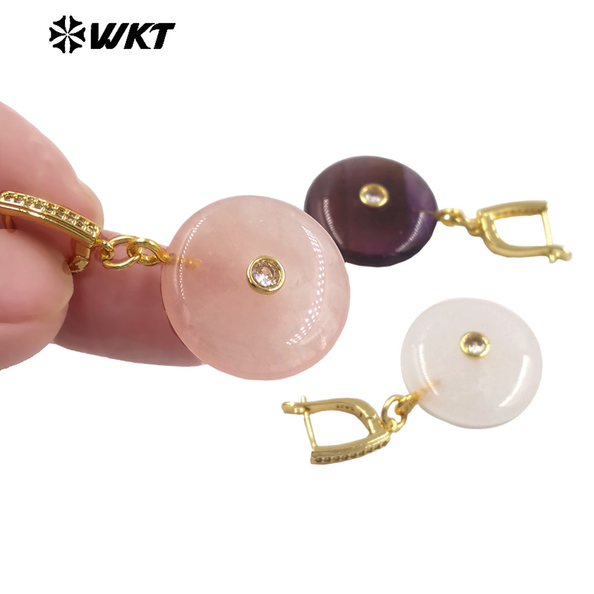 WT-E809 Fashionable Rose Quartz Various Natural Gemstones With Zircon Round Gold Earrings As Women Daily Elegant Jewelry