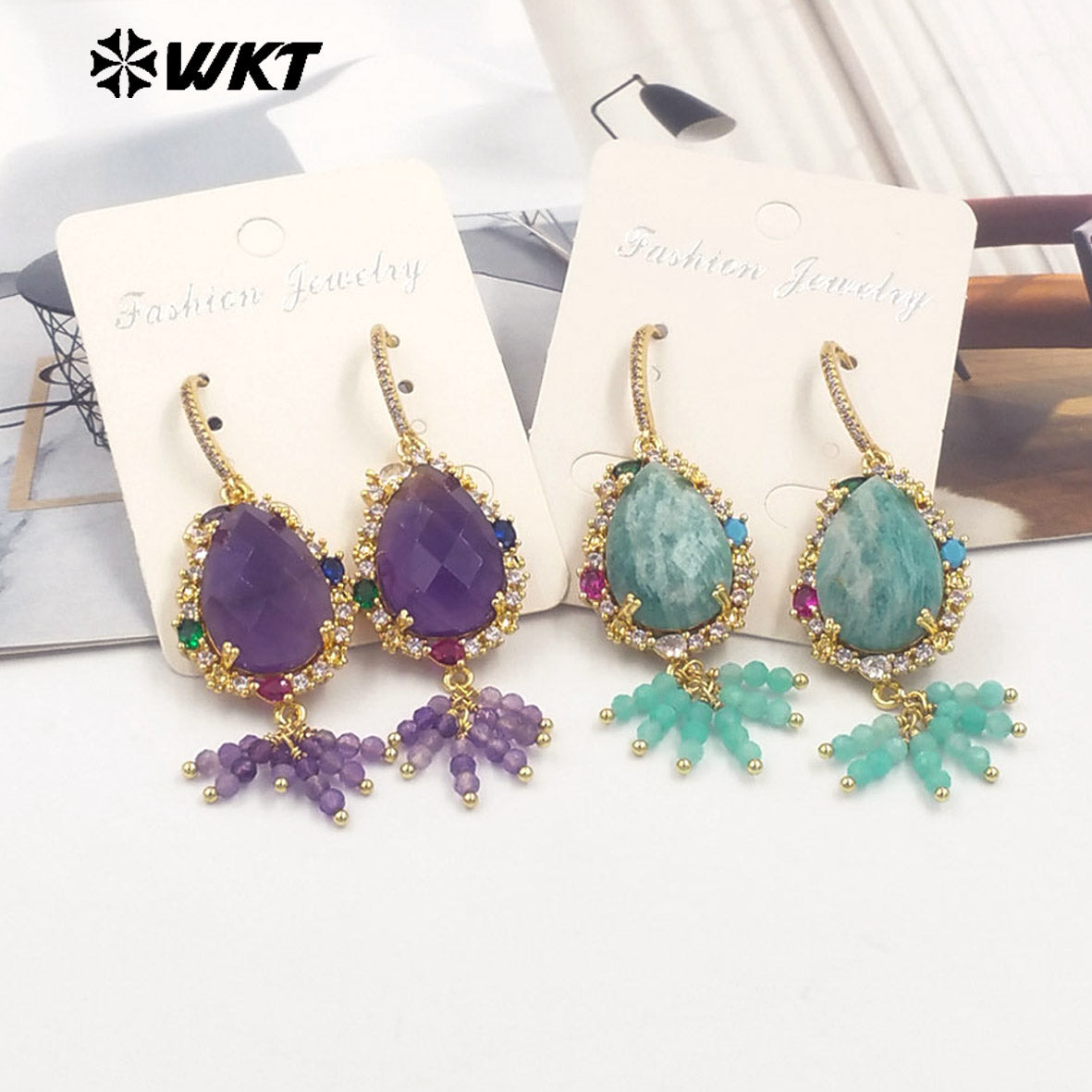 WT-ME107 WKT New Design Most Popular Handmade Wire Wrapped Tiny Beads Dangle Drop Stone Earring With Hoop Gold Party Studs