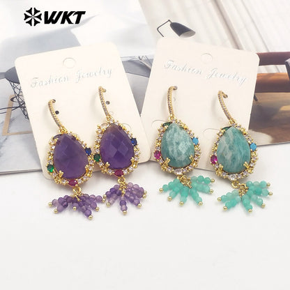 WT-ME107 WKT New Design Most Popular Handmade Wire Wrapped Tiny Beads Dangle Drop Stone Earring With Hoop Gold Party Studs