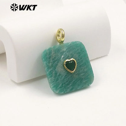 WT-P2105 Fashionable Heart Zircon And Multiple Natural Gemstones Facet Square Gold Pendants For Women Necklaces Design