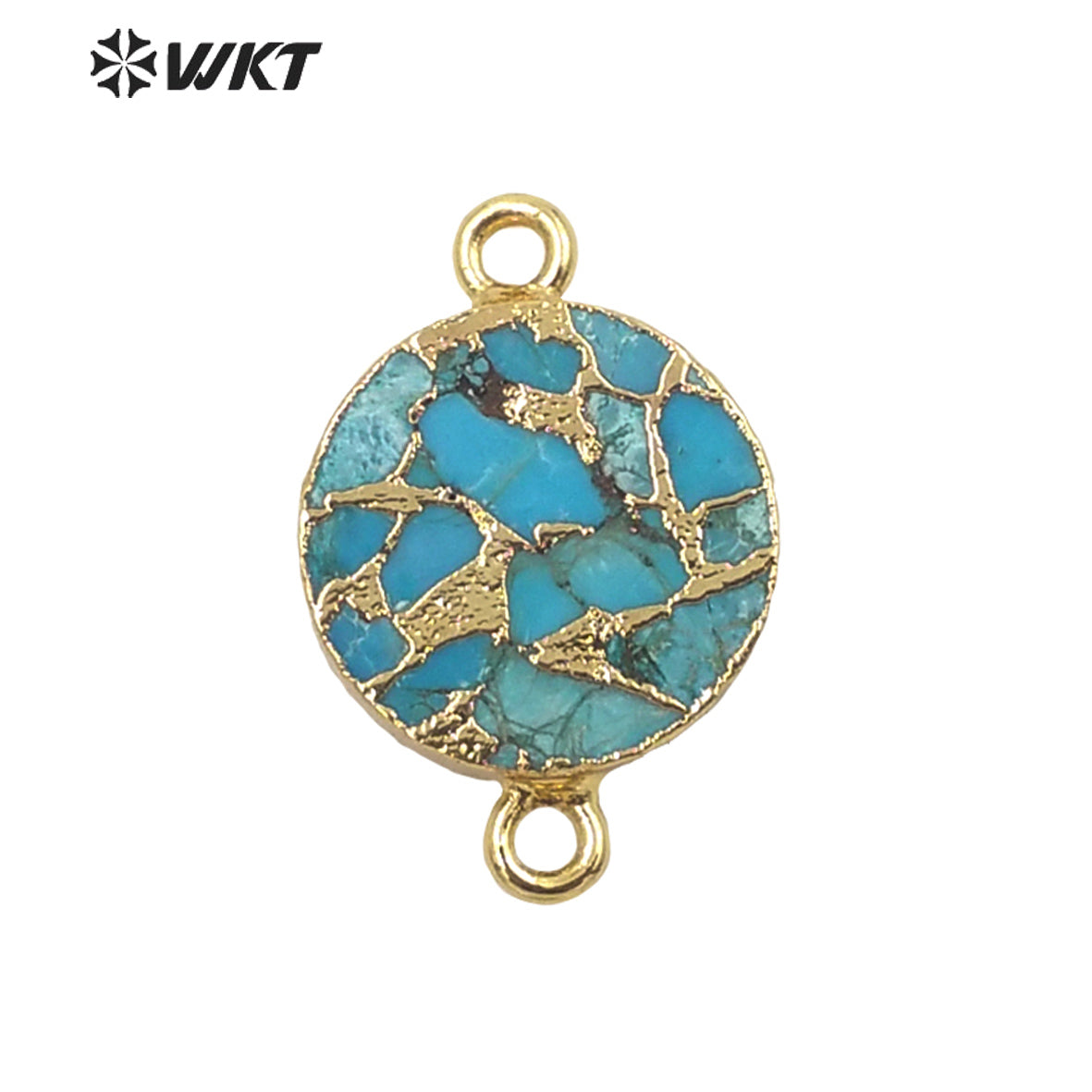 WT-C300 WKT Newest Natural Copper Turquoise Stone Connectors for Jewelry Bracelet and Necklace Double Loops Round Stone Pendant