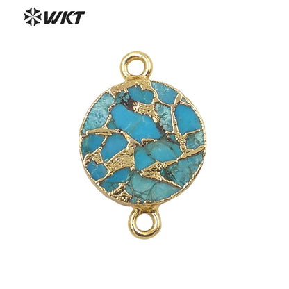 WT-C300 WKT Newest Natural Copper Turquoise Stone Connectors for Jewelry Bracelet and Necklace Double Loops Round Stone Pendant