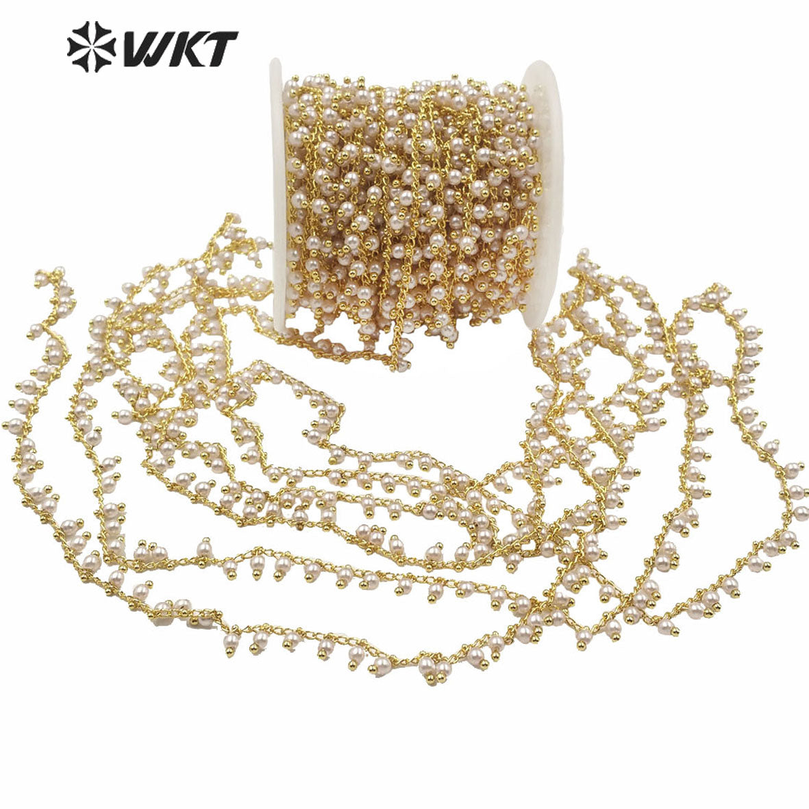 WT-RBC167 Gorgeous Hand Make Shell Pearl Beads Chain for Fashion Jewelry Design Gold Electroplated 4mm Beads Necklace Chain