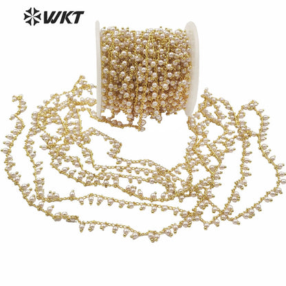 WT-RBC167 Gorgeous Hand Make Shell Pearl Beads Chain for Fashion Jewelry Design Gold Electroplated 4mm Beads Necklace Chain