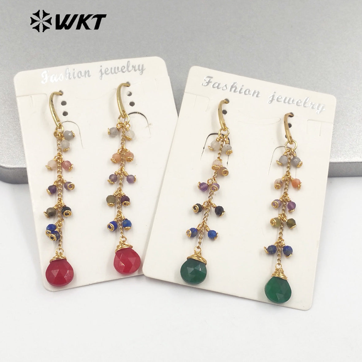 WT-E725 Amazing Colorful Gemstone Wire Wrapped Long Charming Earrings Women Dangle Gold Birthday Stone Earrings in Drop