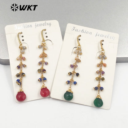 WT-E725 Amazing Colorful Gemstone Wire Wrapped Long Charming Earrings Women Dangle Gold Birthday Stone Earrings in Drop