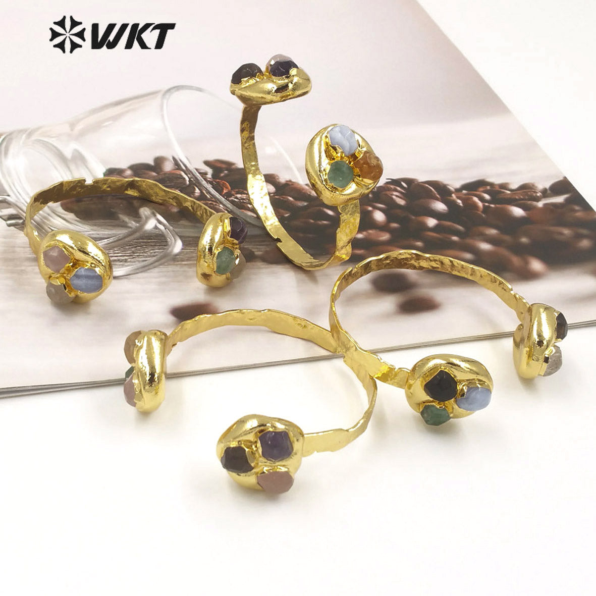 WT-B652 Gorgeous New Designer Style Double Side Stone in Adjustable With 18K Real Gold Plated Multi Gemstone Women Bangle
