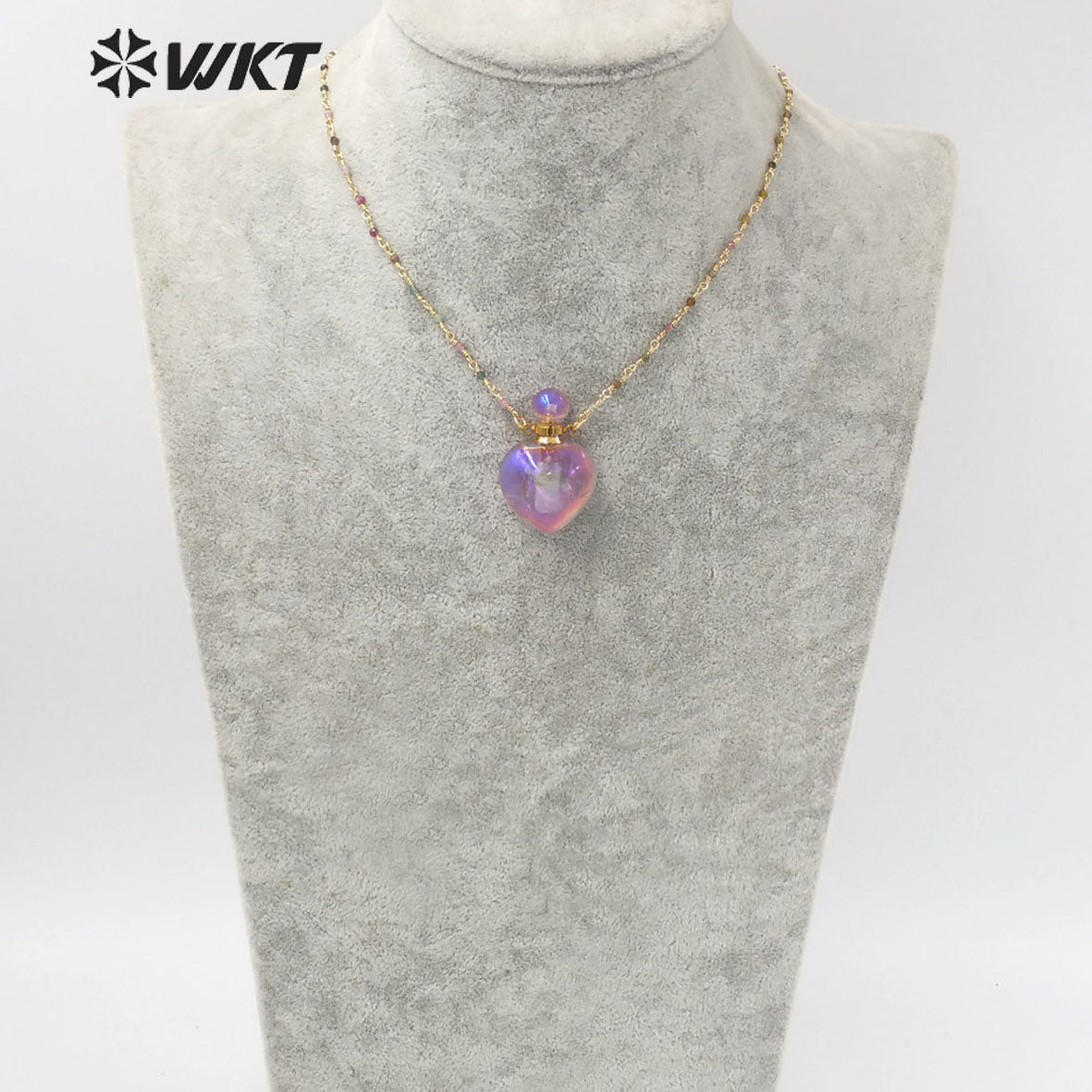 WT-N1238 Wholesale Gorgeous Amazing Heart Purple Bottle Necklace Natural a Methyst Stone Heart Perfume Bottle Necklace
