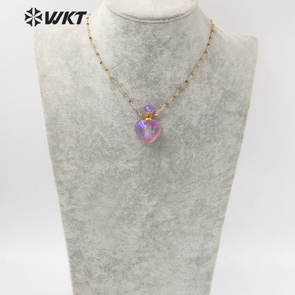 WT-N1238 Wholesale Gorgeous Amazing Heart Purple Bottle Necklace Natural a Methyst Stone Heart Perfume Bottle Necklace