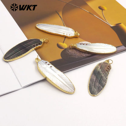WT-JP471 Factory Wholesale 18K Gold Plated Natural Shell Feather Shape Pendants For Handmade Earrings Necklace Jewelry