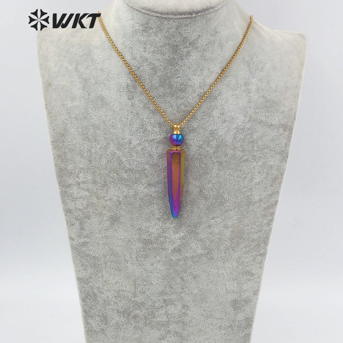 WT-N1281Wholesale Gold Titanium Electroplated Rainbow Blue Crystal Quartz Perfume Bottle Necklace for Essencial Oil