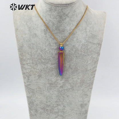 WT-N1281Wholesale Gold Titanium Electroplated Rainbow Blue Crystal Quartz Perfume Bottle Necklace for Essencial Oil