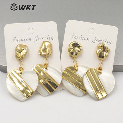 WT-MPE043 WKT Amazing Gold Electroplated Resist Tarnishable White Heart Shell Earrings Women Fashion Gold Wedding Earrings