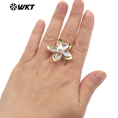 WT-MPR128 Popular Fashion Gold Plated Resist Tarnishable Flower Shape Artificial Pearl Ring for Women