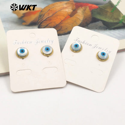WT-MPE131 Wholesale Fashion 18K Gold Plated 10mm Brass Bezel Setting Natural Shell Turkey Eye Studs Women Earrings