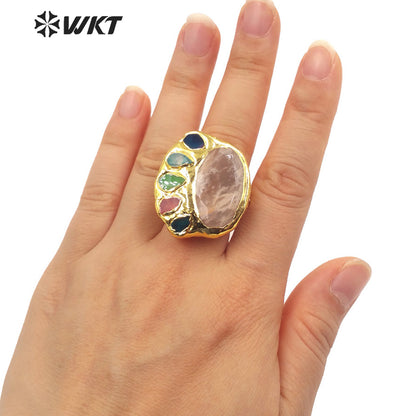 WT-R472 New Design Colorful Gemstone Ring With Pearl Charms Women Fashion Gold Plated Peacock Stone Ring Boho Charming Ring