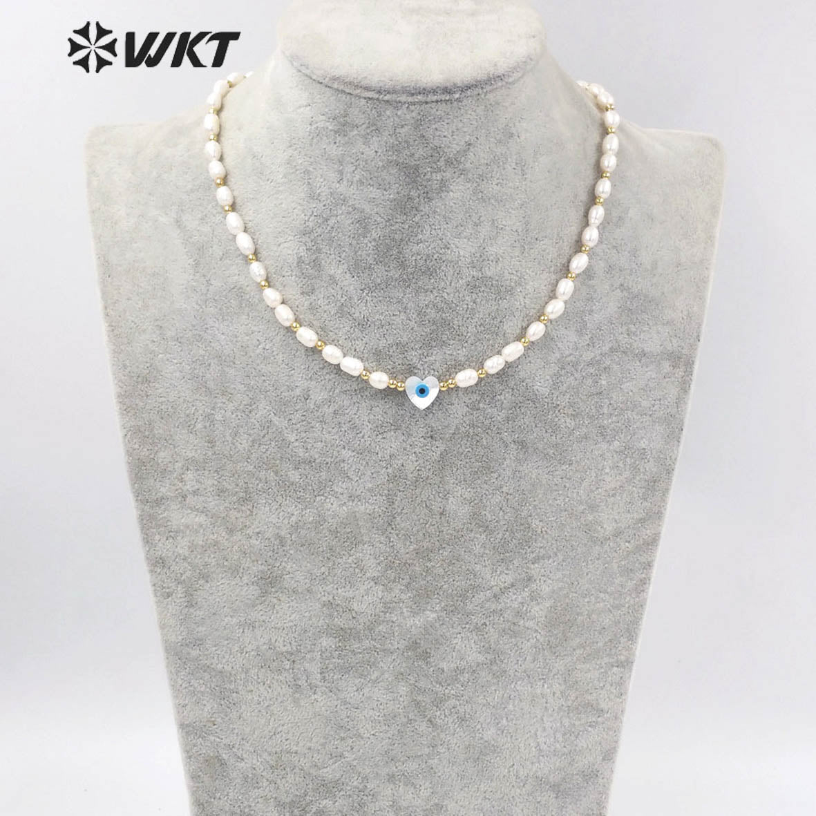 WT-JN194 Fashion Gold Plated Natural Real Freshwater Pearl Beads Necklace Gorgeous Lady Shell Made Heart Eye Charm Bead Necklace