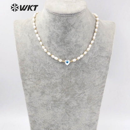WT-JN194 Fashion Gold Plated Natural Real Freshwater Pearl Beads Necklace Gorgeous Lady Shell Made Heart Eye Charm Bead Necklace