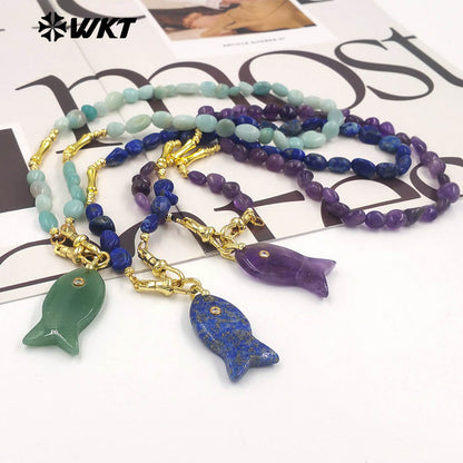 WT-N1522 Wonderful Stone Beads Splicing Metal Gold Chain With Natural Gemstones Fish Shape Pendant Necklaces For Women Gift