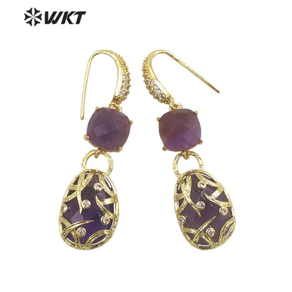 WT-E691 Fashion Double Stone Handmade Claw Setting Bezel Earrings Women Delicate Long Hoop Amethyst Stone Earrings