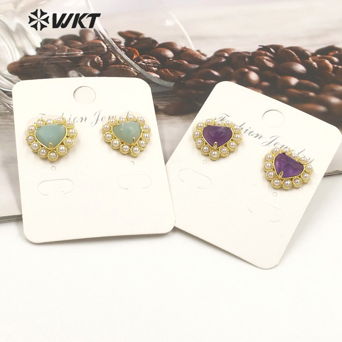 WT-MPE122 Amazing Fashion Gold Plated Natural Gemstone Heart Studs 18k Gold Plated Amethyst Gorgeous Studs
