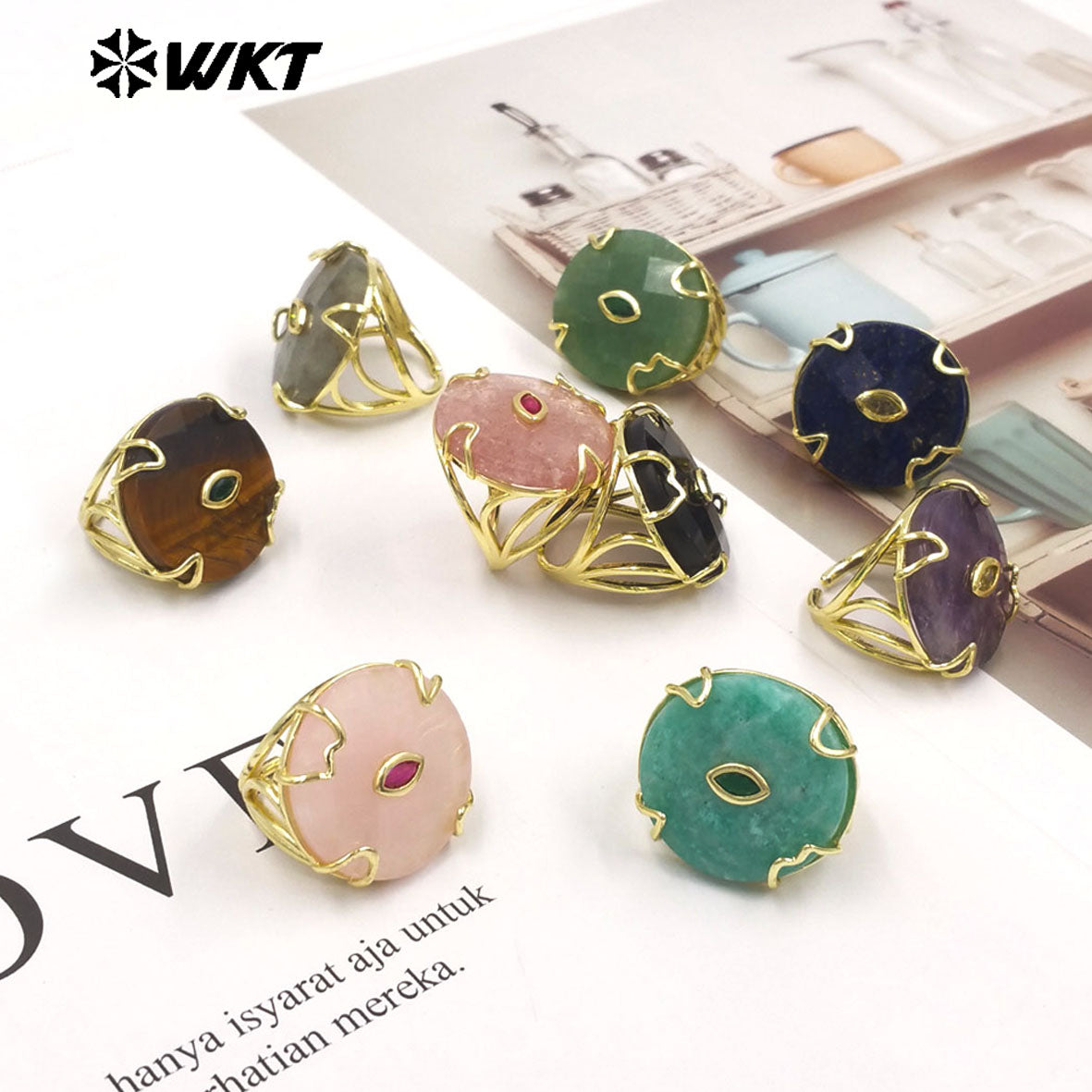 WT-R612 New Product 18K Gold Electroplated Zircon And Natural Gemstones Round Rings As Female Daily Matching Accessory