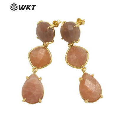 WT-E689 Wholesale Fashion Triple Stone Long Dangle Earrings Gorgeous Lady Prong Setting Natural Gemstone Birthday Stone Earrings