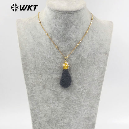 WT-N1426 Black Meteorite Necklace 20inch Long Boho Beads 18k Yellow Gold Beads Necklace Gemstone Casual Long Statement Necklace
