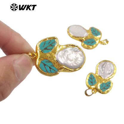 WT-JP499 Exclusive Unique Design 18K Gold Plated Natural Turquoise And Pearl Leaf Shape Pendant For DIY Necklace Findings