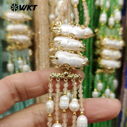 WT-JP398 Wholesale Gorgeous 10 Loops Gold Plated Natural Freshwater Pearl Connectors for Jewelry Necklace Design