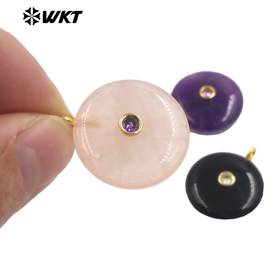 WT-P2086 Good Quality Amethyst Various Natural Gemstone And Zircon Round Gold Pendant For Simple Style Necklace Earring Making