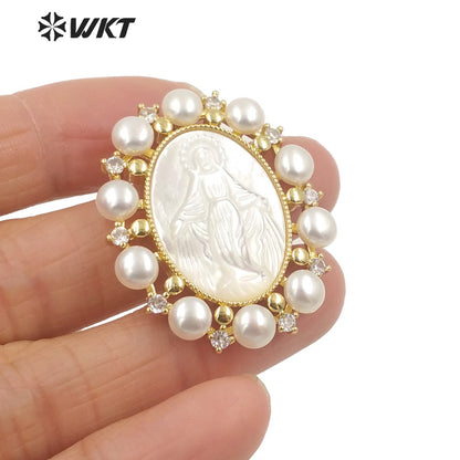 WT-JP277 Amazing Unique Gold Micro Pave Cubic Zircon White Shell Pendant European Hot Gorgeous Pearl Charm Mary Pendant