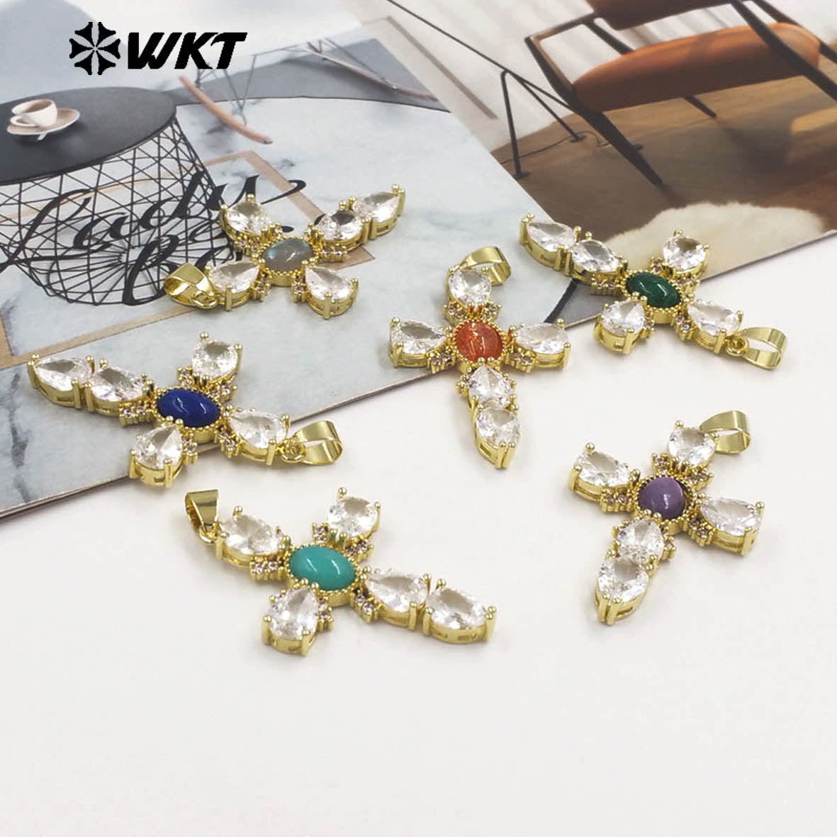 WT-MP320 New Arrival 18K Gold Plated Natural Stones And Zircon Cross Pendants For Lady Trendy Necklace DIY Accessories
