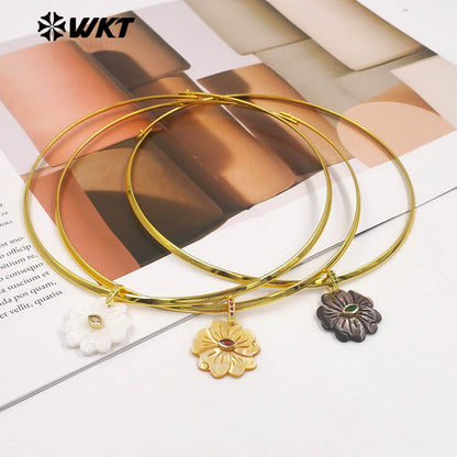 WT-JN390 Luxury Wonderful Zircon And White Shell Flower Shape Pendant Gold Necklaces Choker For Friends Birthday Gifts