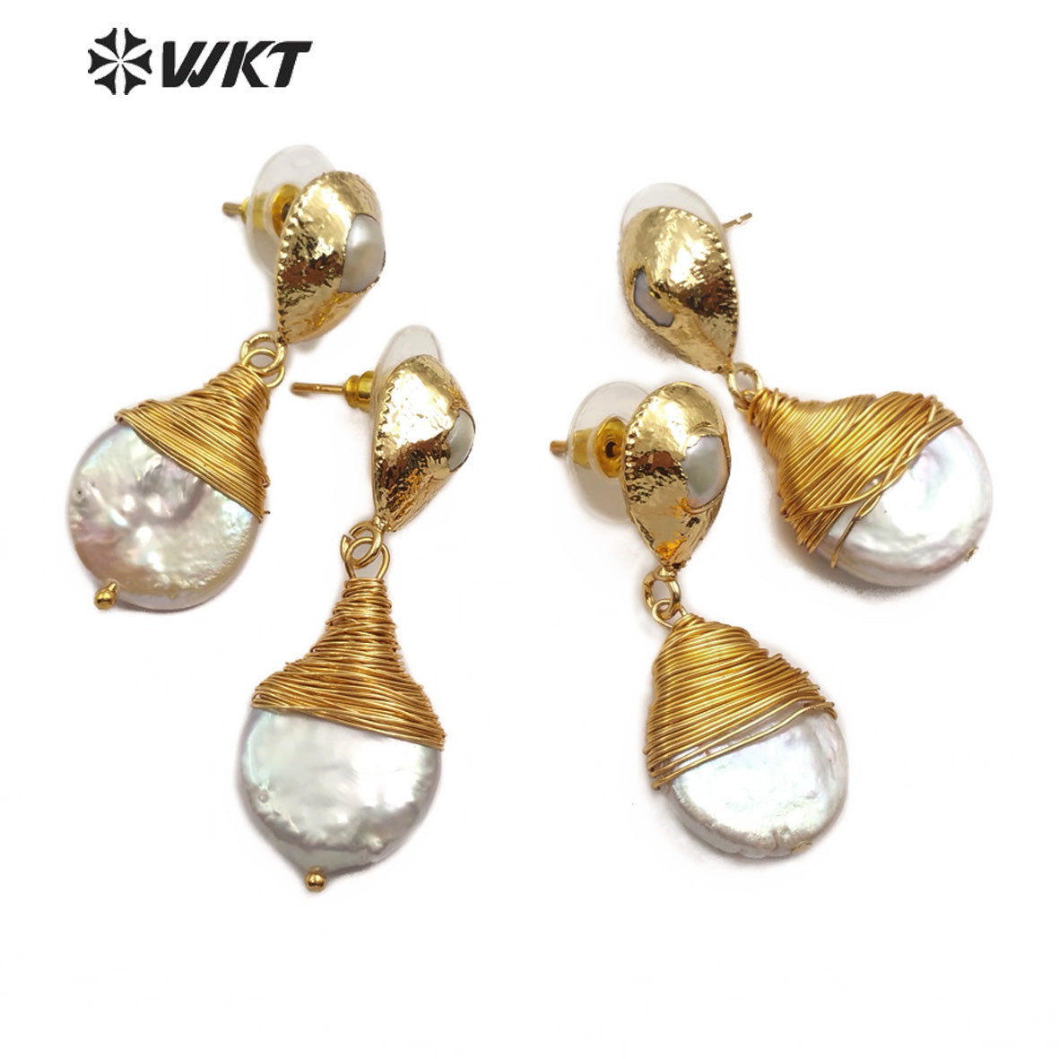 WT-E545 Natural Freshwater Pearl Earring Brass Wire Wrapped Pearl Earring Teardrop Shape Earring for Wedding Jewelry