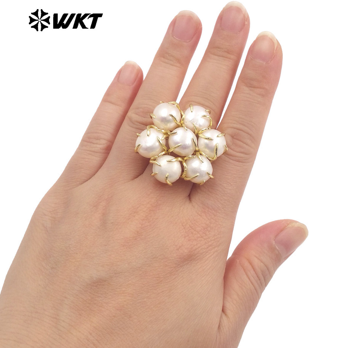 WT-MPR123 Sweet Gold Plated Handmade Claw Prong Setting Multi Freshwater Pearl Assemble Flower Rings