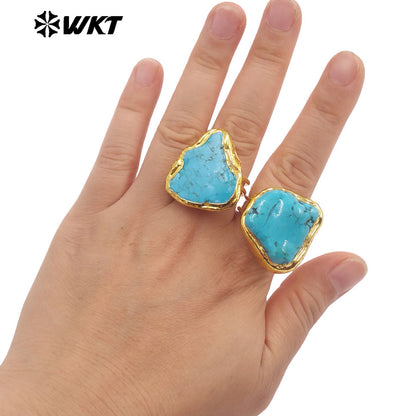 WT-R578 Factory Wholesale 18K Gold Plated Natural Green Turquoise Stone Geometric Shape Adjustable Ring As Friend Gift