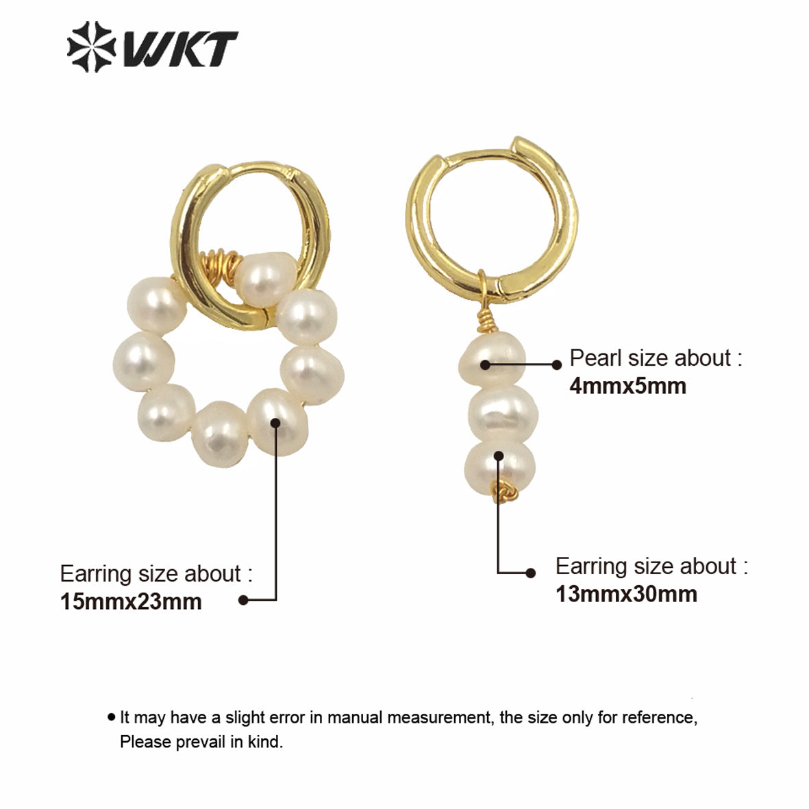 WT-MPE052 Populared Hand Strand Natural Freshwater Pearl Round Earrings 18k Gold Plated PEARL Beads Earrings with Clasp Studs