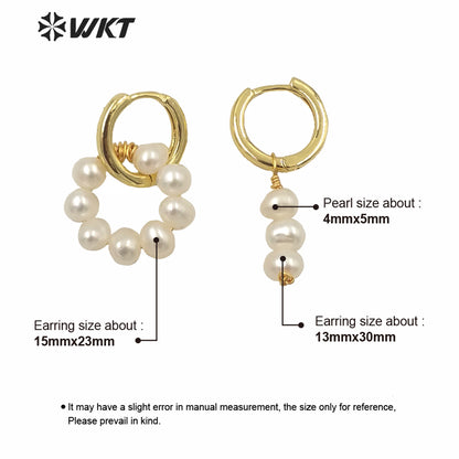 WT-MPE052 Populared Hand Strand Natural Freshwater Pearl Round Earrings 18k Gold Plated PEARL Beads Earrings with Clasp Studs