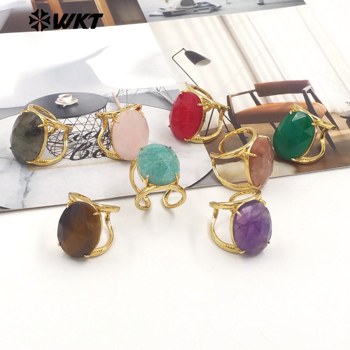 WT-R525 Simple Design 18K Real Gold Plated Claw Setting Faceted Natural Stone Cocktail Women Ring in Available Size