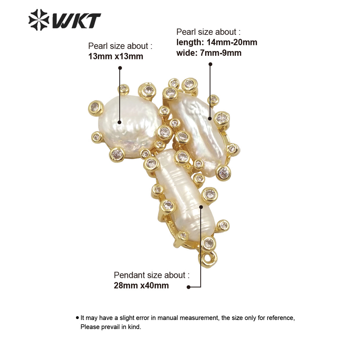 WT-JP310 Triple Irregular Freshwater Pearl Pendants Precious Micro Pave CZ Setting White Pearl Pendant for Jewelry Necklace