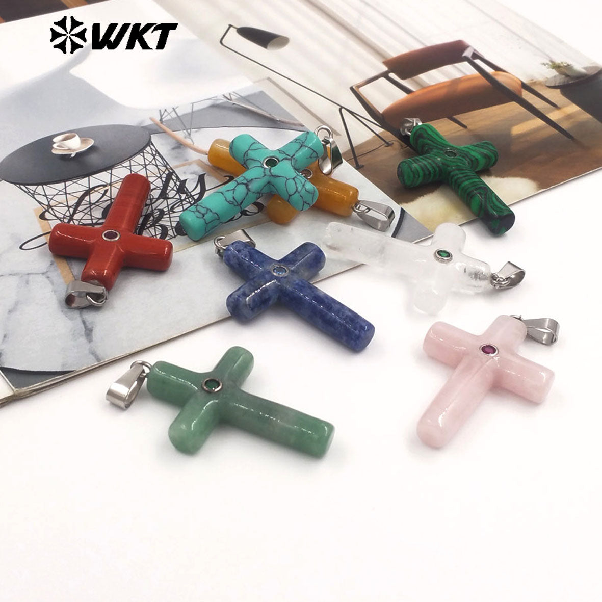 WT-P2070 Religious Style Silver Plated Zircon And Multi Natural Gemstones Cross Pendants As Boy Girl Handmade Jewelry Making