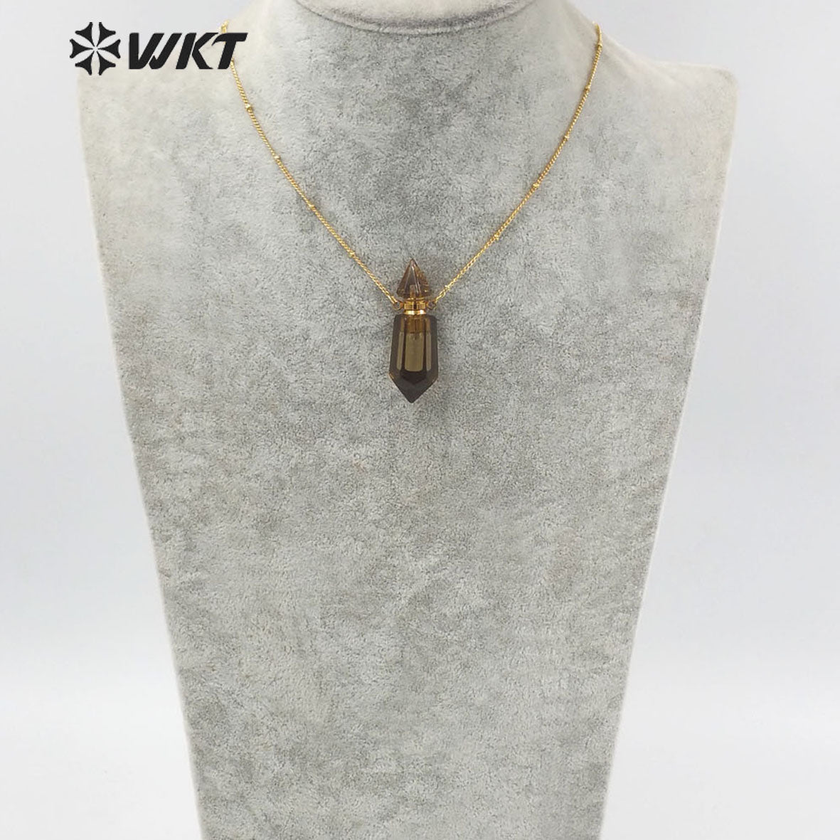 WT-N1284 Fashion Gold Plated Double Loops Natural Spirit Quartz Point Stone Perfume Bottle Necklace or Essencial Oil Necklace