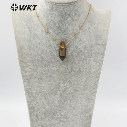 WT-N1284 Fashion Gold Plated Double Loops Natural Spirit Quartz Point Stone Perfume Bottle Necklace or Essencial Oil Necklace