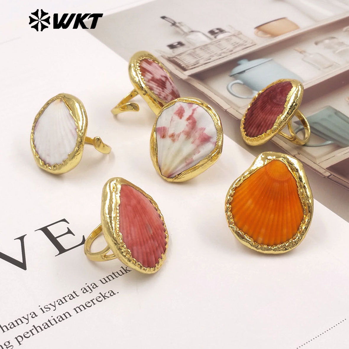 WT-MPR169 Top Fashionable 18K Gold Plated Colorful Natural Scallop Shell Women Adjustable Rings For Party Wearing Jewelry