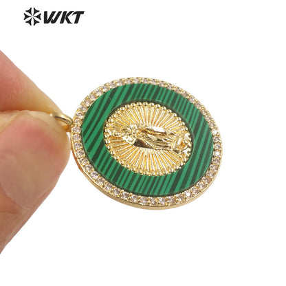 WT-MP272 Newest Vintage Style Ball Shaped Natural Malachite Stone &Cubic Zircon Madonna Design Pendant