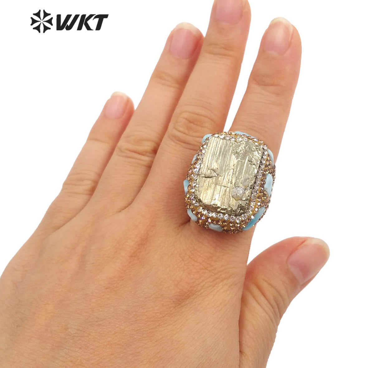WT-R435 WKT Victoria Age Classic Natural Raw Pyrite Ring Unique Gold Rhinestone Charm Energy Stone Ring for Friend Gift