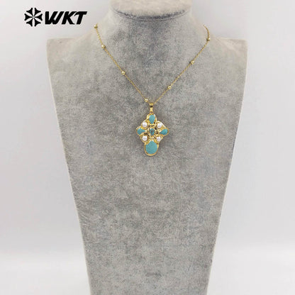 WT-JN297 Brand New Product Elegant 18K Gold Plated Pearl Turquoise Cross Unisex Pendant Necklace Fashion Jewelry Accessories