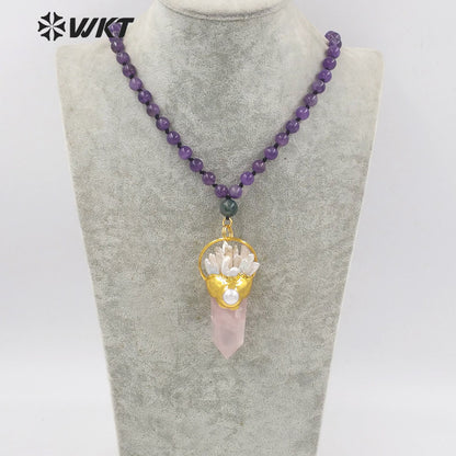 WT-N1243 Exclusive Design 8mm Round Amethyst Stone Necklace Women Winter Hot Pink Quartz Stone Big Chunky Pendant Necklace