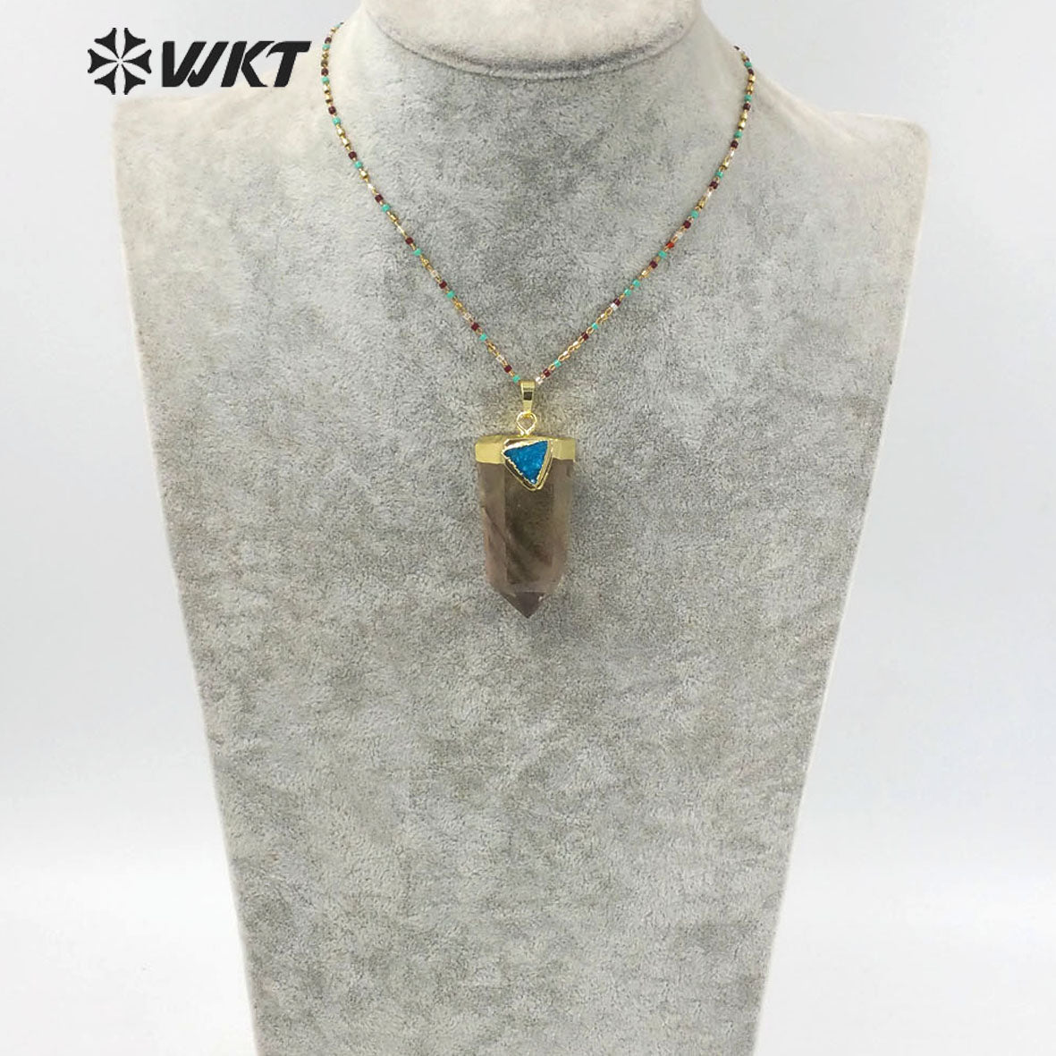 WT-N1291Wholesale Fashion Gold Plated Hexagon Quartz Point Stone Necklace Lady Populared Natural Gemstone Smoky Stone Necklace